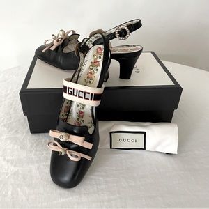 Gucci Ace Stripe Women's Sling-back Pumps Leather Black with Pink laces Sz 39.5